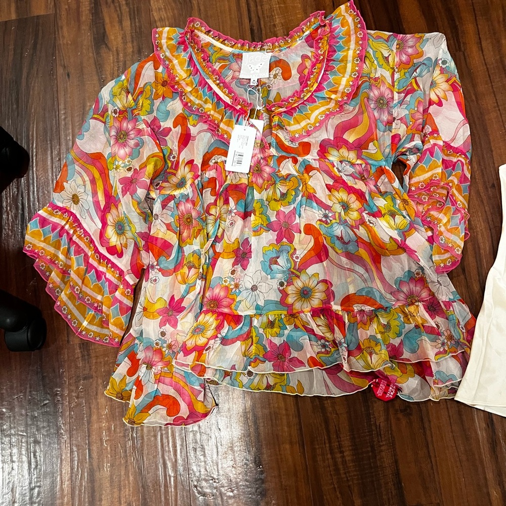 Johnny Was Floral Sheer Ruffle Blouse in Pink, Coral, Turquoise - Picture 5 of 16